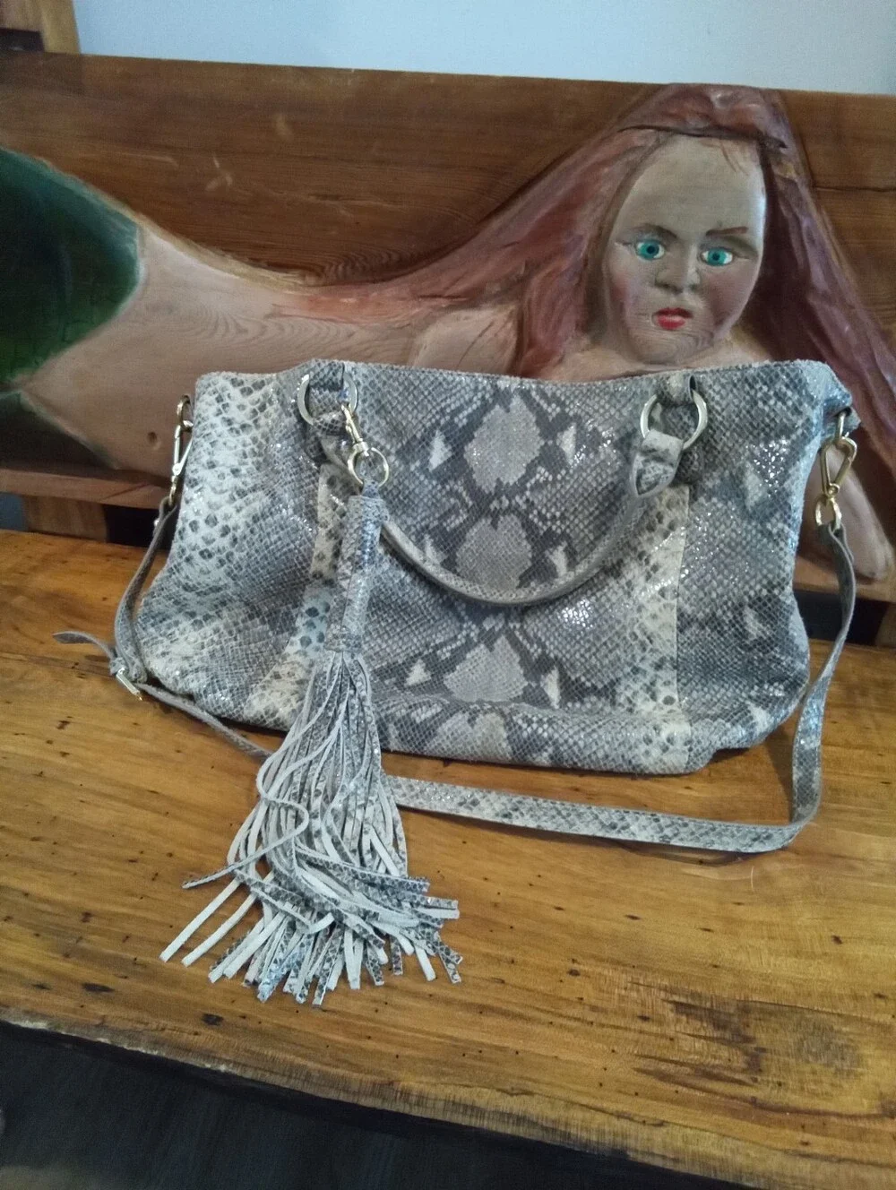 G.I.L.I. Got It Love It Python/Snakeskin Leather Slouchy Hobo Bag Fringe Tassel